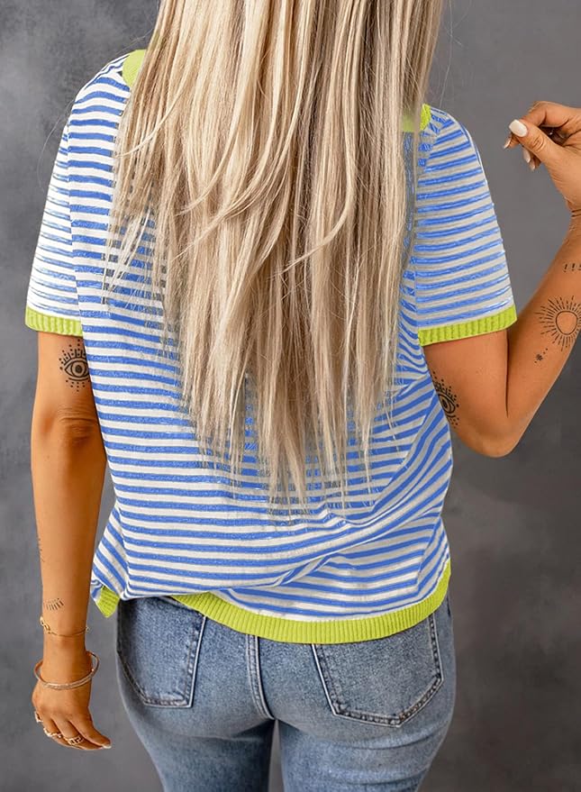 Dokotoo Womens Tops 2026 Casual Summer Crewneck Short Sleeve Striped Color Block Knit High Low Trendy Pullover Sweaters - Image 4