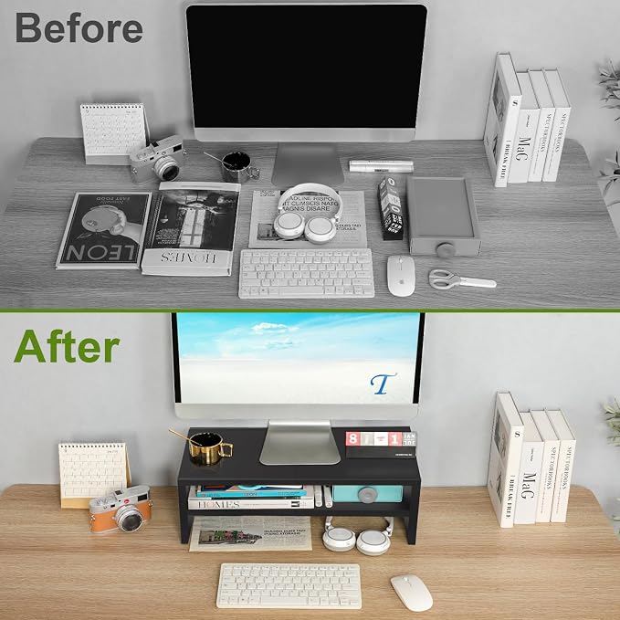 TEAMIX 2 Tiers Wooden Desktop Monitor Stand Riser 20 Inch Printer Stand with Double Storage Small TV Riser Laptop Keyboard Holder Business Desk Organizer Shelf Black Bookshelf | Laptop/PC/Printer Stand, Wood Desk Bookshelf, Ergonomic Design, Holds 80 L... - Image 7