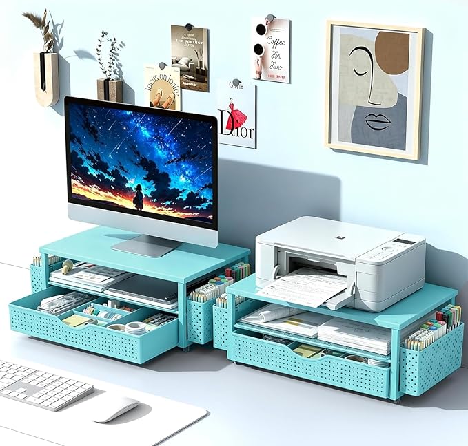 Spacrea Desk Organizer and Accessories, Computer Monitor Stand Riser with Drawer and 2 Pen Holders, Office Desk Accessories & Workspace Organizers for Office Supplies (Blue) - Image 7