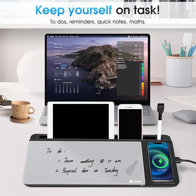 Varhomax Glass Desk Whiteboard with Wireless Charger, Desktop Organizer Dry Erase White Board with Storage, to Do List Memo Notepad for Home and Office Supplies (Black & Gray) - Image 7