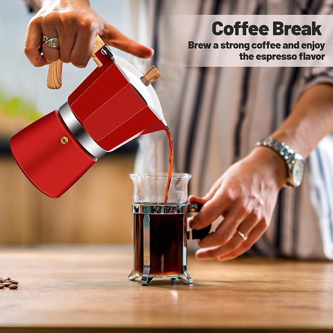 6 Cup Aluminum Moka Pot Classic Stovetop Espresso Coffee Maker 300ml 10oz Coffeemaker Percolator Mocha Pot Greca Coffee Maker Cafe Makers for Italian and Cuban Café Brewing Red - Image 9