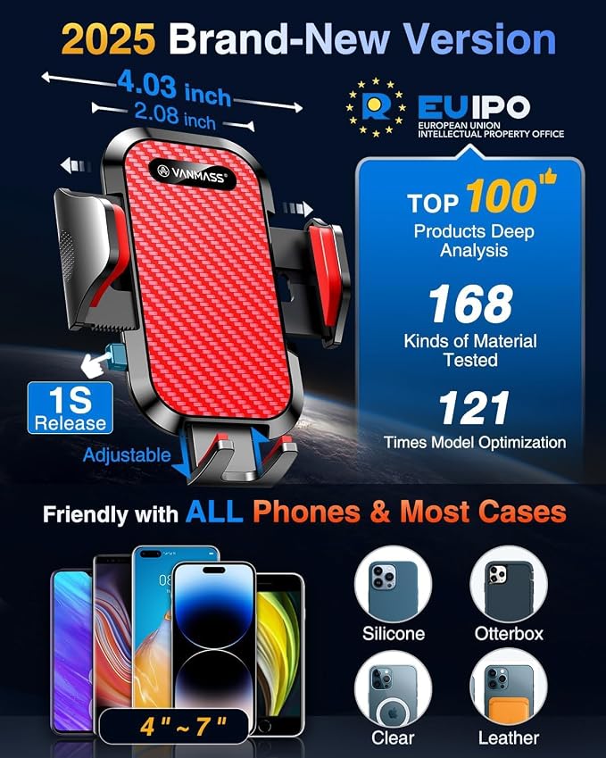 VANMASS Phone Holders for Your Car 2026 Ultimate Phone Mount Military-Grade Windshield Dashboard Vent【Newest Best Strongest】 Cell Phone Car Mount for iPhone 16 Pro Max 15 Samsung Android,Red - Image 7