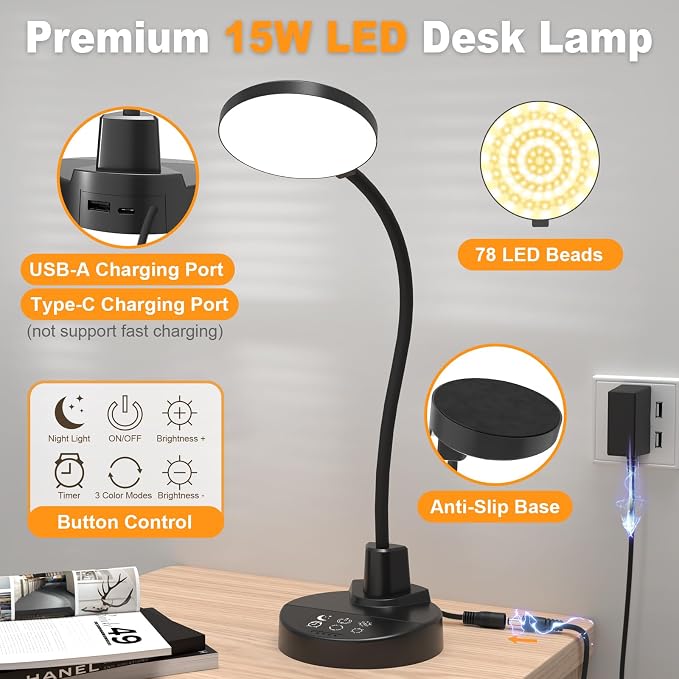 15W LED Desk Lamp with USB Charging Ports – Dimmable Table Lamp with 3 Color Temps, 5 Brightness, 4 Timers, Flexible Gooseneck Light with Base, Eye-Caring Reading Light for Home Office, Bedroom, Study - Image 8