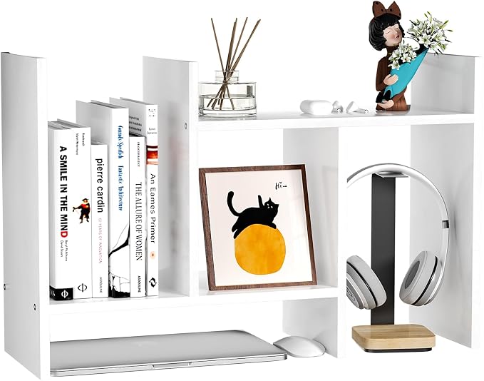 Desk Shelves Wood Desktop Orgnizer Shelf. Office Organization for Top of Desk Organizers and Accessories Bookshelf Shelving,Adjustable Tier H-Shape Mini Bookcase(White) - Image 7