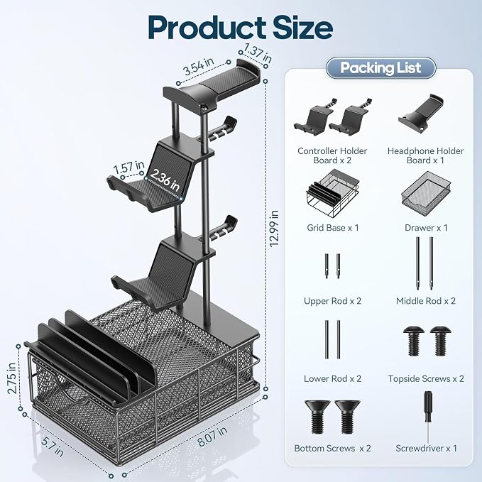 KDD Headphone Stand with Drawer - Headset & Controller Holder for Desk - Aluminum Supporting Bar Earphone Stand with Cable Organizer - Universal Gaming PC Accessories Storage - Image 8