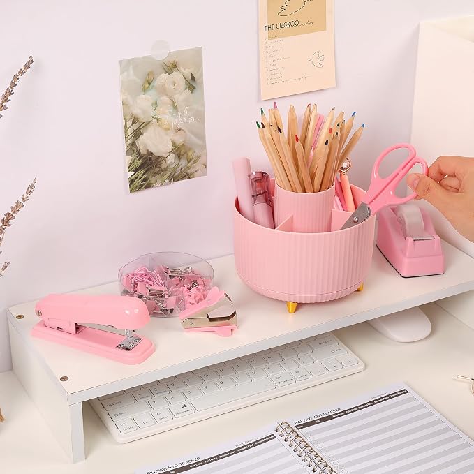 SKYDUE Pink Office Supplies Set, Pencil Holder for Desk,Gel Pen, Stapler, Tape Dispenser, Scissors,Clips and 1000pcs Staples, Office Decor for Women, Pink Desk Accessories - Image 8