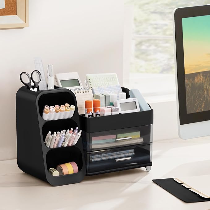 HBlife Desk Organizer with Pen Pencil Holder for Desk, Pen Organizer with 2 Drawers, Desk Organizers and Accessories with 4 Compartments, Desktop Storage for Office Home School Art Supplies, Black - Image 8