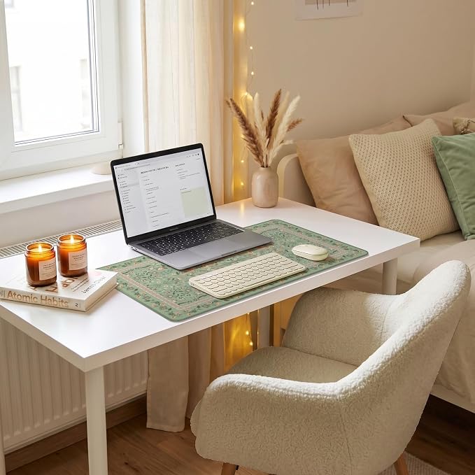 iCasso Aesthetic Flower Mouse Pad,23.6x13.7in Desk Pad, Light Green | Desk Matt for Desktop, Anti-Slip Mousepad with Stitched Edges for Laptop Computer Keyboard - Image 9