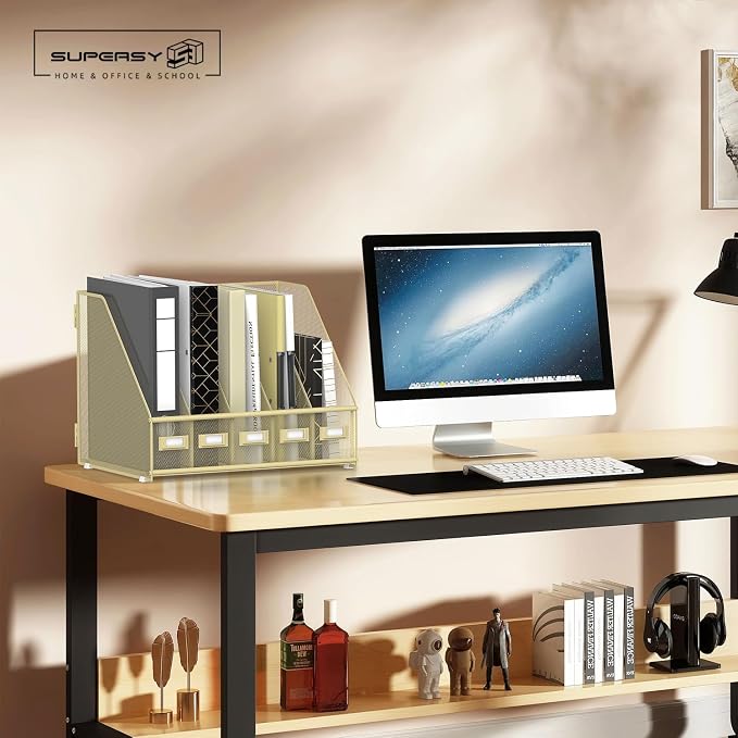 SUPEASY Desk Organizers Metal Desk Magazine File Holder with 5 Vertical Compartments Rack File Organizer for Office Desktop, Classroom, Home Workspace, Golden Yellow, Plus - Image 7