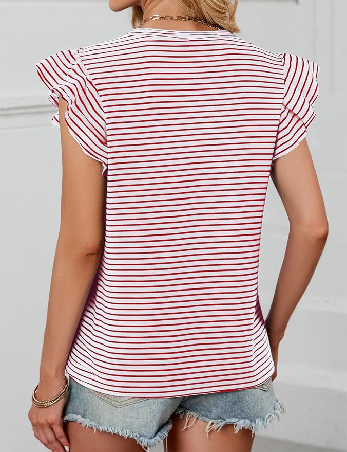 JUSTFASHIONNOW Womens Summer Tops Striped T-Shirts 2026 Ruffle Short Sleeve Crew Neck Casual Blouses with Pocket - Image 6