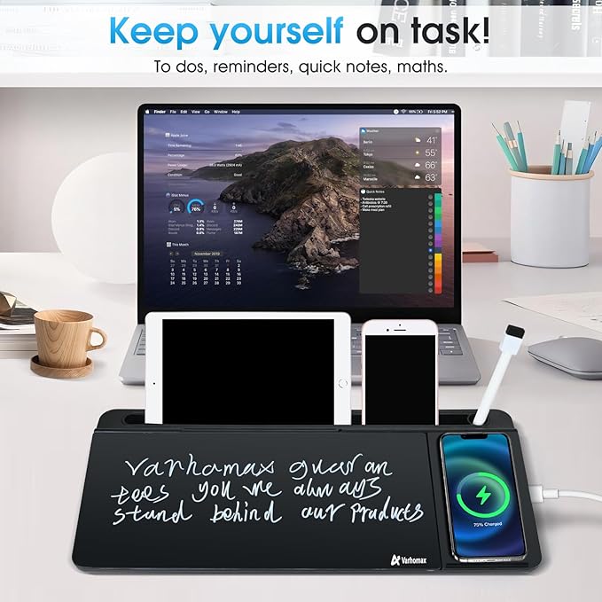 Varhomax Glass Desk Whiteboard Black with Wireless Charger, Desktop Dry Erase White Board with Storage,to Do List Memo Notepad for Home and Office - Image 7
