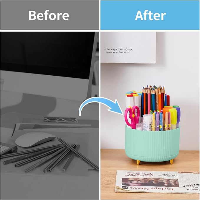 Marbrasse Desk Organizer, 360-Degree Rotating Pen Holder, Desk Organizers and Accessories with 5 Compartments Pencil Holder, Art Supply Storage Box Caddy for Office, Home (Mint Green) - Image 7