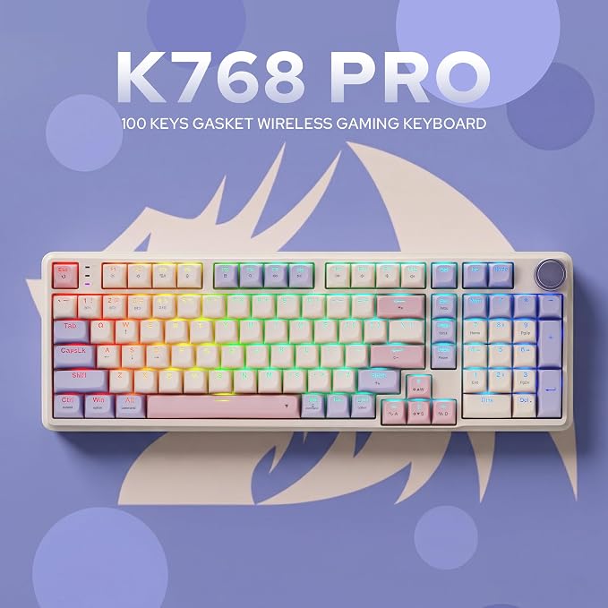 Redragon K768 PRO Wireless 100-Key Gasket Gaming Keyboard, Knob + 8000mAh | Multi-Function Control Wheel, 0-Delay Tri-Mode, Cushioned 5-Layer Noise Dampening for Creamy Thocky Sound, Practical 95% Size - Image 9