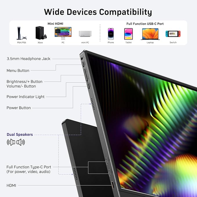 MNN 18.5" 100Hz FHD IPS USB-C HDMI Portable Gaming Monitor | 18.5" FHD IPS 100Hz, built-in stand & dual speakers, USB-C/HDMI, for PC/Phone/PS5/Xbox/Switch, travel gaming. - Image 9