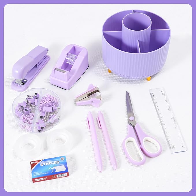 Gawsey Purple Desk Organizers and Accessories with Desk Organizer 360° Rotating Pen Holder and Office Supplies, Cute Stationery Supplies Set - Image 8