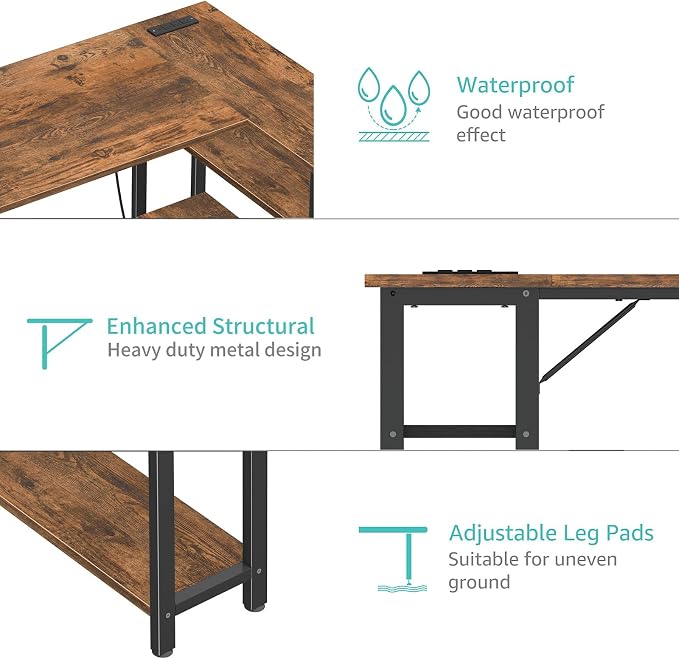 Lufeiya L Shaped Computer Desk with Power Outlet Shelves, 47 Inch Corner Desk for Home Office Bedroom, L-Shaped Study Writing Working PC Desks, Rustic Brown - Image 8