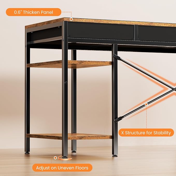 Sweetcrispy 47" Computer Desk with 6 Fabric Drawers & Storage Shelves | Reversible Gaming Desk, Office Desk, Computer Workstation, Corner Desk with Storag, Home Office, Living Room, Rustic Brown - Image 8