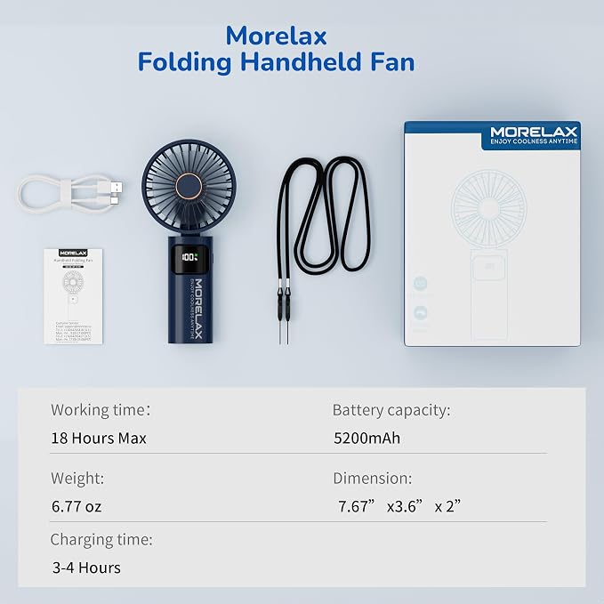 Portable Handheld Fan, USB Rechargeable Foldable Mini Personal Fan, 5200mAh, 180 Adjustable, 6 Speed Wind, 3 IN 1 Hand Cooling Desk Fan with LED Display for Home Office School Outdoor Travel, Blue - Image 8