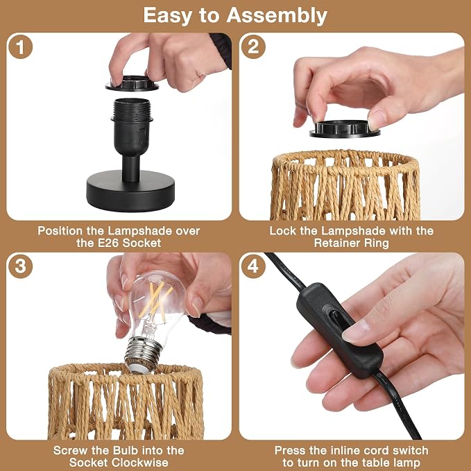Fenmzee Table Lamps (Rattan Rope Shade - Black Base, 9" Inline Control) | 3000K LED Blub Included | 680 Lumens | Easy Assembly | Minimalist Design | E26 | for Kitchen | for Kids Room - Image 8