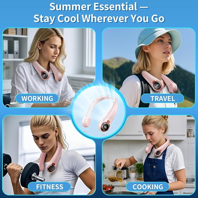 BNBZ Portable Neck Fan, 6000mAh Rechargeable Fan Blows Cold Air with LED Display, 4 Speeds, 20H Runtime, Quiet Wearable 360° Personal Cooling Fan for Outdoor Travel Work Gym,Fireplace Fans-Pink - Image 7