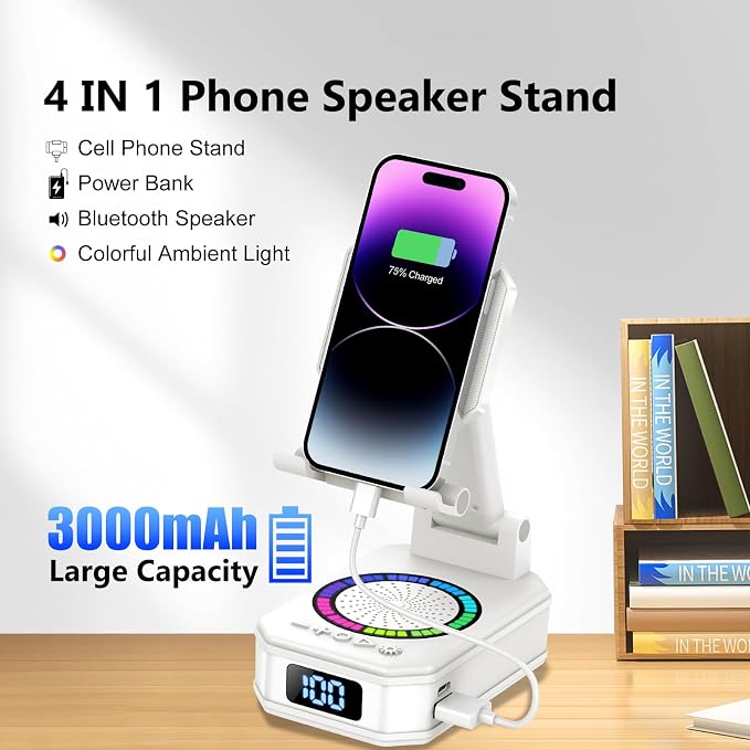 Cell Phone Stand with Wireless Bluetooth Speaker and Colorful LED Lights, 4-in-1 Multifunctional Phone Holder Support Fast Charging, Adjustable Desktop Stand for iOS Android White - Image 6