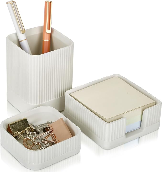 Aesthetic Desk Organizer Set of 3 For Your Office - Sturdy Concrete Desktop Accessories For Women or Men Enhance Any Office Decor - Set incl. Pen Holder, Paperclip Storage and Sticky Note Holder - Image 8