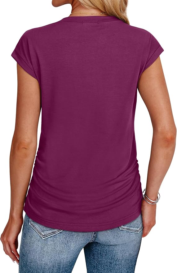 Sampeel Womens Summer Tops Trendy 2026 Ruched Cap Short Sleeve Tshirts Shirts Crew Neck T Shirts Fashion - Image 5