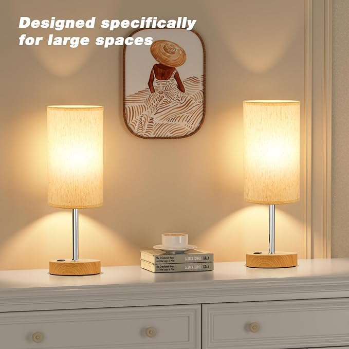 Fenmzee Touch Table Lamp - Cream, 3-Way Dimmable, USB A + C Charging, AC Outlet, 17.4inch Medium, Wood Grain Base - Image 7