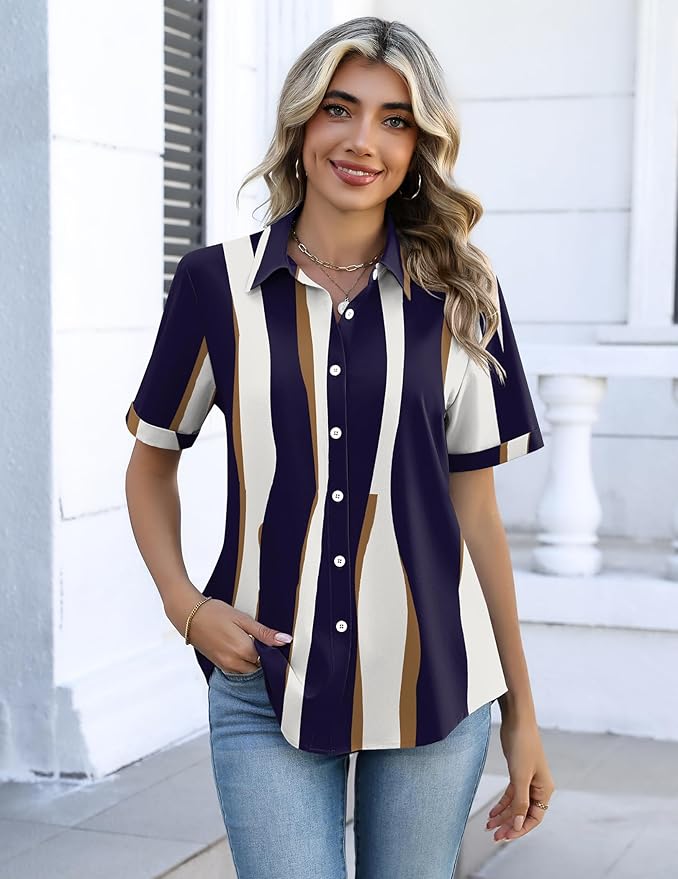 Zeagoo Button Down Shirts for Women Short Sleeve Collared Tops Dressy Casual V Neck Blouses - Image 5