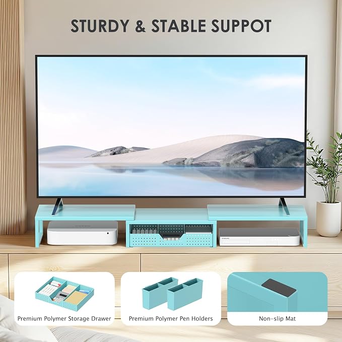 OPNICE Desk Organizers and Accessories, Dual Monitor Stand Riser with Drawer and 2 Pen Holders, Desk Shelf Metal Computer Monitor Stand for Office Workspace Organizers, Desktop Organization (Blue Metal) - Image 7