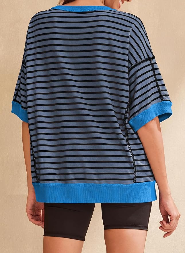 SHEWIN Womens Tops Casual Short Sleeve Sweatshirt Crewneck Striped Shirt Pullover T Shirts Loose Blouses - Image 5