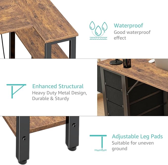 Lufeiya L Shaped Desk with Drawers & Storage Shelves, 47 Inch Small Reversible Corner Desk with Power Outlet for Home Office Bedroom, L-Shaped Gaming PC Computer Desks with Fabric Drawer, Rustic Brown - Image 9