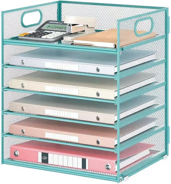 6 Tiers Letter Tray Paper Organizer with Handle, Mesh Desk File Organizer, Metal Desktop Document Shelf Organization, Paper Sorter Organizer for Office, Home or School File Folder Holder - Blue by Lavatino