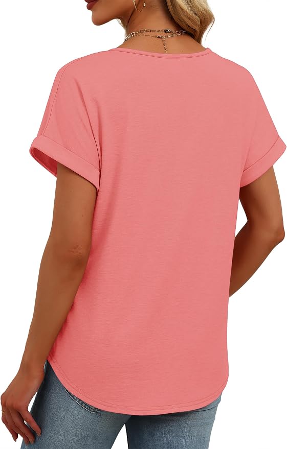 Womens Tops Dressy Casual V Neck Rolled Sleeve T Shirts Fashion Clothing Business Casual Outfits Beach Vacation Clothes - Image 5