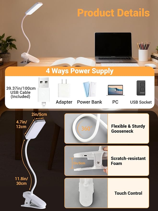 Clip on Lamp, 9 Brightness+5 Colors Reading Lights for Books in Bed Lamp | 4000mAh Battery Clip on Light,450 Lumen Rechargeable Desk Lamp for Dorm Lamp,Book Light for Reading in Bed Headboard/Bedside - Image 8