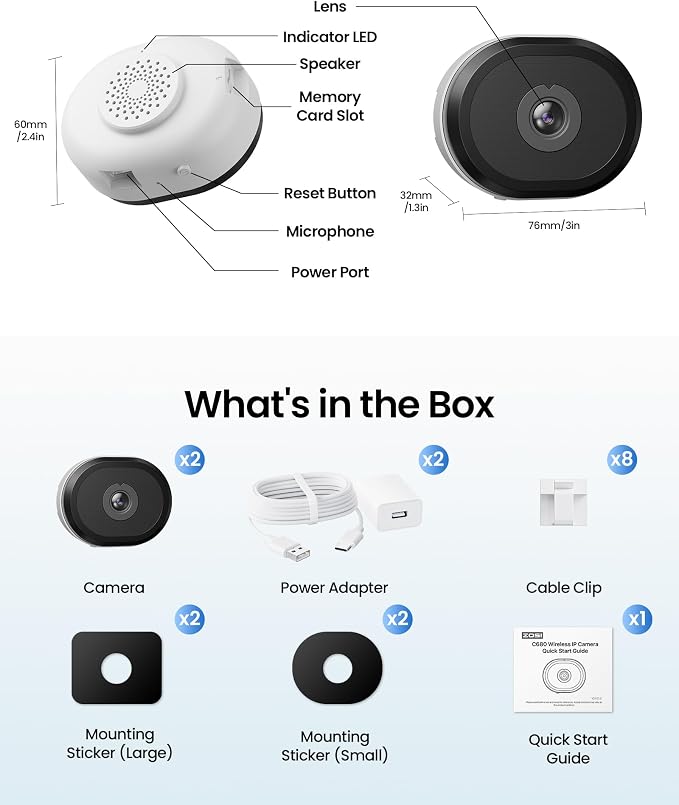 ZOSI 2 x C680 2K Window Security Camera with Full Color Night Vision, 3MP Indoor Plug-in WiFi Camera for Home Security, Human Vehicle Detection, 2.4/5GHz WiFi, 24/7 Recording, Easy Install - Image 9