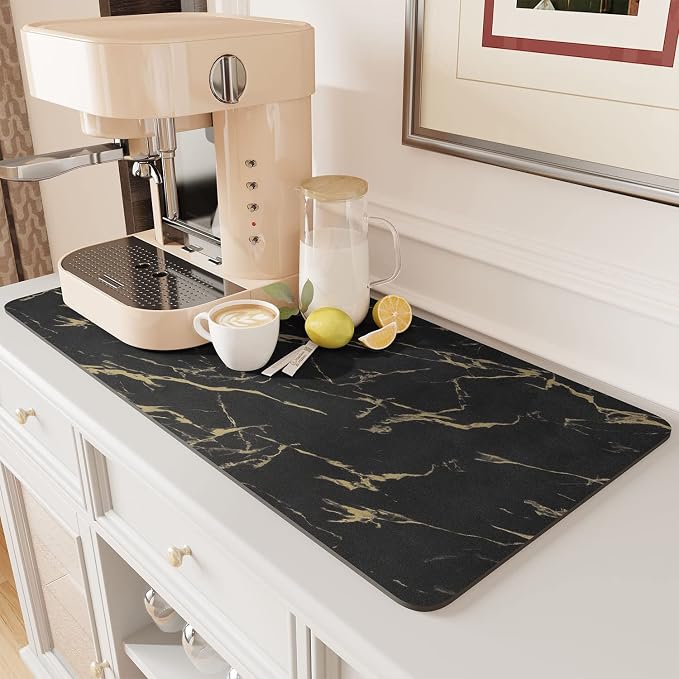 AMOAMI Coffee Mat Hide Stain Rubber Backed Absorbent Dish Drying Mat for Kitchen Counter-Coffee Bar Accessories, Black & Gold, 17"X31.5" - Image 8