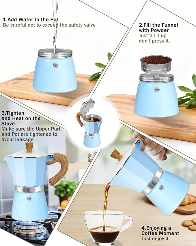 Coffee Maker Stovetop Espresso Maker 3 Cup Aluminum Moka Pot Percolator 5oz 150ml Easy Brewing for Electric Ceramic Stoves Home Camping Italian Cuban Café Classic Sip Sized Blue - Image 8