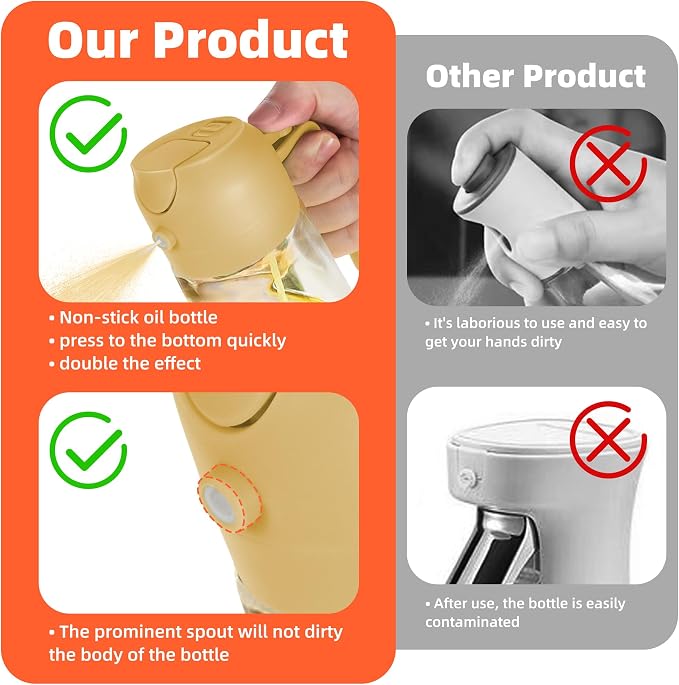 TrendPlain 16oz/470ml Glass Olive Oil Sprayer for Cooking – 2 in 1 Olive Oil Dispenser Bottle for Kitchen Gadgets and Air Fryer Accessories, Salad, BBQ - Yellow - Image 7
