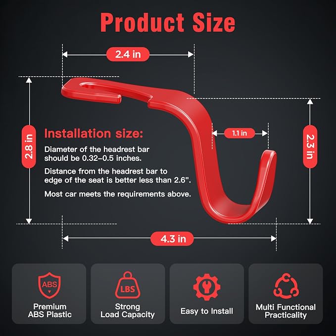 Amooca Car Seat Headrest Hook 4 Pack Hanger Storage Organizer Universal for Handbag Purse Coat Universal fit Vehicle Car S Type Red - Image 6