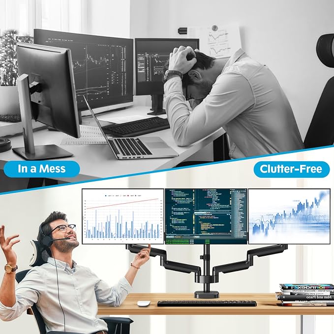 MOUNTUP Triple Monitor Mount for 17-32 inch Screens, Full Motion Triple Monitor Stand, 3 Monitors Desk Mount Holds 4.4-19.8 lbs Each, Clamp & Grommet Mounting, Black - Image 8