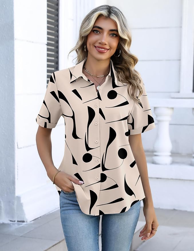 Zeagoo Button Down Shirts for Women Short Sleeve Collared Tops Dressy Casual V Neck Blouses - Image 5