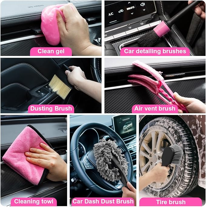 Car Vacuum Cordless Rechargeable, 8000PA High Power Handheld Vacuum Cleaner with 17PCS Car Cleaning Kit, Pink Auto Accessories for Women Gift - Image 7