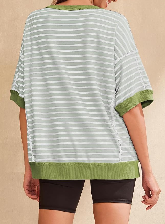 SHEWIN Womens Tops Casual Short Sleeve Sweatshirt Crewneck Striped Shirt Pullover T Shirts Loose Blouses - Image 4