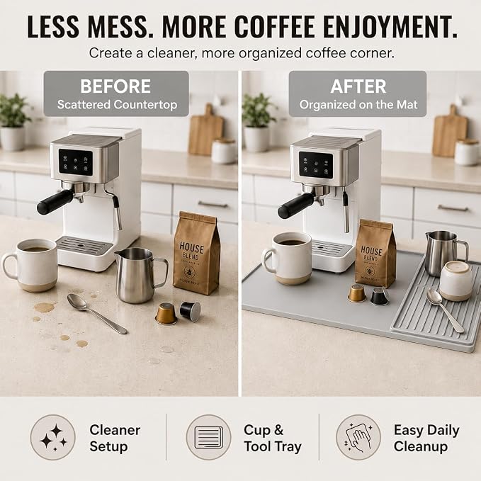 Silicone Coffee Mat 24 x 16 in with Tray, Minimal Light Gray | Coffee bar mat for countertop use, coffee station mat or coffee machine mat with removable tray and 0.47 in raised rim. - Image 9