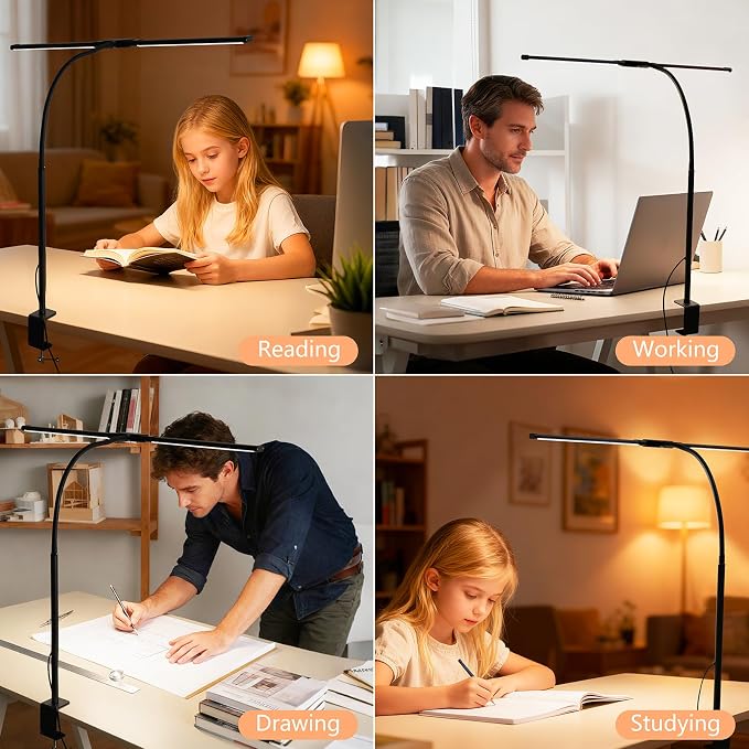 Dual-Head LED Desk Lamp for Office Home, Adjustable Flexible Eye-Caring Desk Light, 5 Modes 10 Brightness Adjustment, USB Adapter Desk Lamp with Clamp-ST-B - Image 7