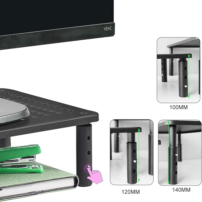 Bracwiser Monitor Stand Riser,3 Level Height Adjustable Desktop monitor stand for Computer, Laptop, Printer, Notebook with Vented Metal Platform 370X235MM 2 Packs,Black - Image 6