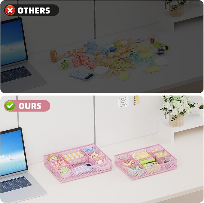 Marbrasse 2 Pack Desk Drawer Organizer, Mesh Drawer Organizer Tray with 8 Adjustable Compartments, Desk Organizers and Accessories, 5 Dividers Drawer for Office Supplies, Makeup & Vanity (Pink) - Image 7