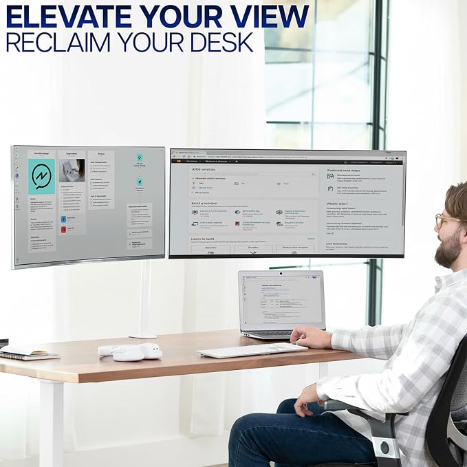 VIVO Dual Ultrawide Monitor Desk Mount, Heavy Duty Fully Adjustable Steel Stand, Holds 2 Computer Screens up to 38 inches and Max 22lbs Each, White, STAND-V038W - Image 9