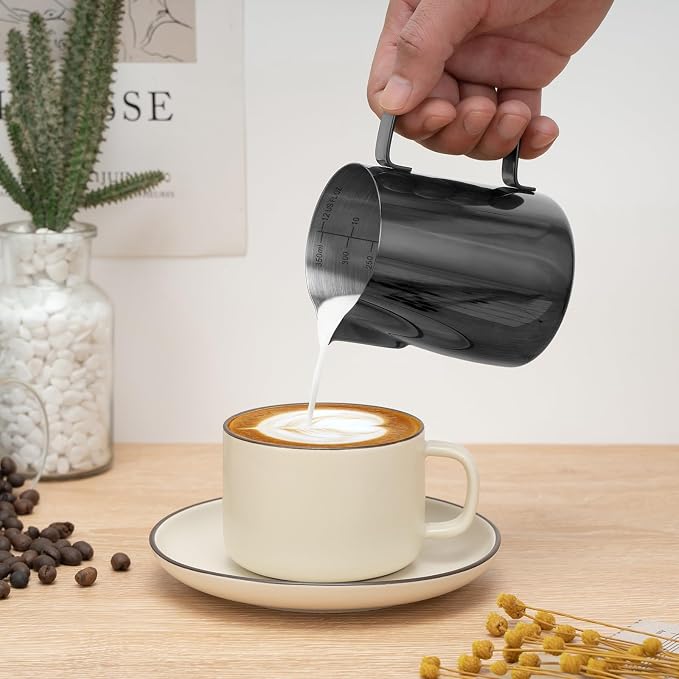 Amrules Milk Frothing Pitcher, 12 oz Milk Frother Cup with Clear Scale, 304 Stainless Steel Cappuccino Espresso Machine Accessories for Barista Coffee Bar with Latte Art Pen, Bright Black - Image 7